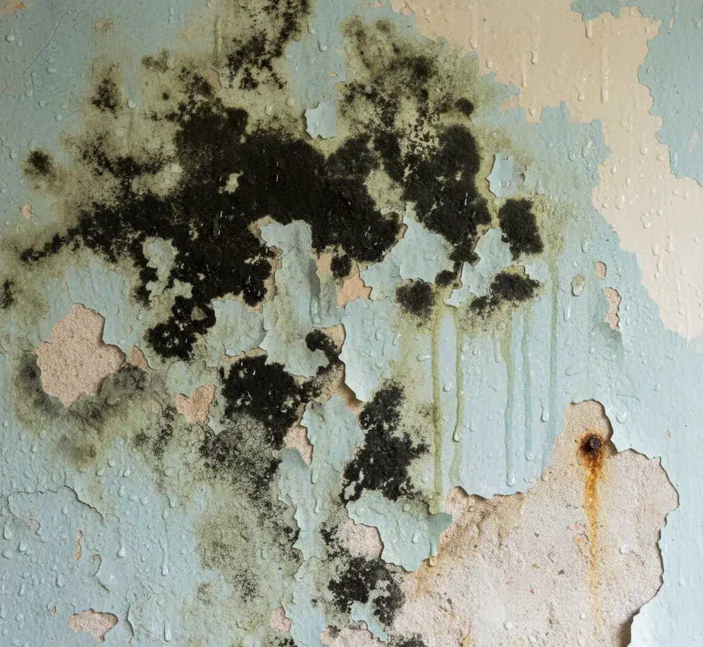 عکس نزدیک از دیواری که دچار نم، کپک و پوسته شدن رنگ شده است.